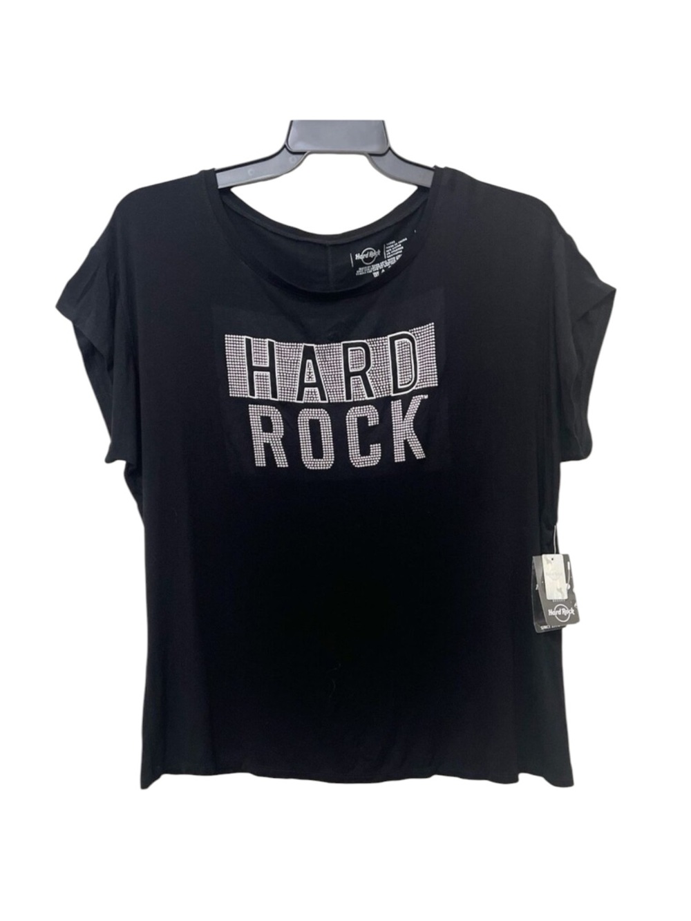 HARD ROCK Black W/Silver Studs Women's Round Neck Tee Biker Metal Rock Large NWT